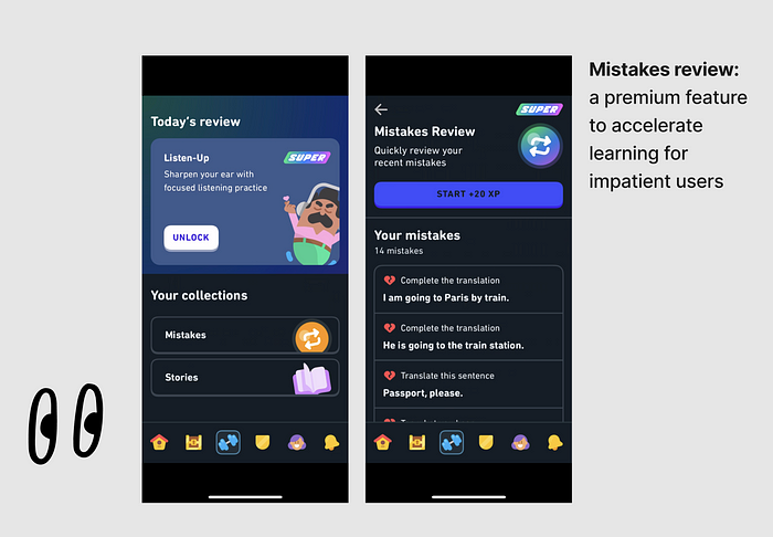 Screenshot of the ‘mistakes review’ feature in SUPER Duo