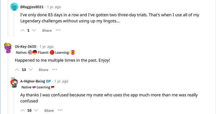 Screenshot of Reddit thread where 3 users are discussion how they got the 3 free days of premium