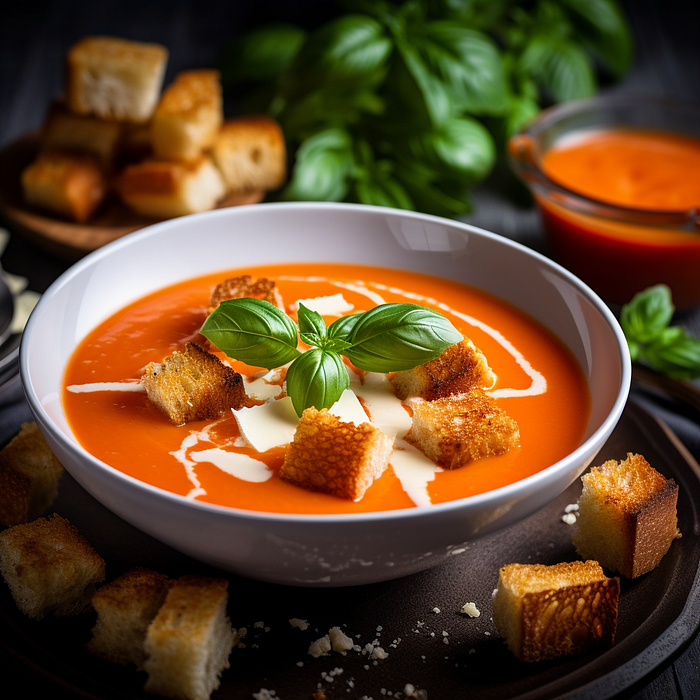 Midjourney Food Photography Prompt, A creamy tomato soup
