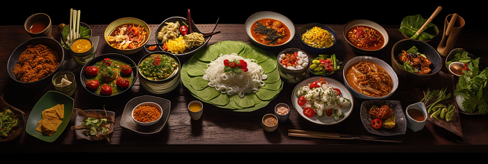 Midjourney Food Photography Prompt, Knolling of Thai Cuisine