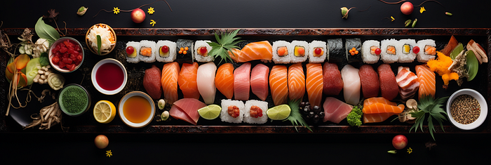 Best Midjourney Prompt for Food Photography, Knolling photography of Japanese cuisine, sushi platter of crafted rolls, nigiri, and sashimi on a long table, contrasting colors and symmetry — ar 3:1