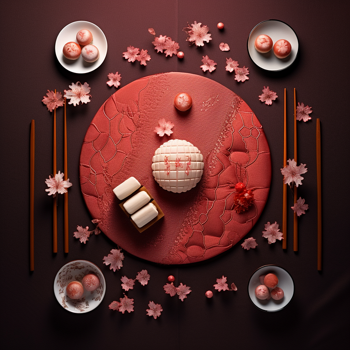 Midjourney Food Photography Prompt: Commerical photography, Japanese pastries, sakura pastry shape, sakura decoration, symmetrical compostion, high end silk red table cloth with pattern, studio light