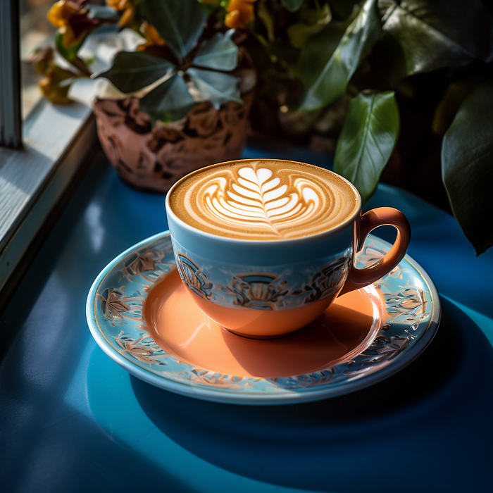 Best Midjourney Food Photography Prompts, A cup of latte in a Maximalist style coffee shop