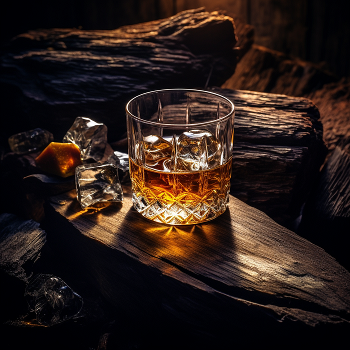Midjourney food photography prompts, a glass of fine whisy on the rock , high angle shot, wooden mottled grain background, warm tones, romantic atmosphere, light contrast