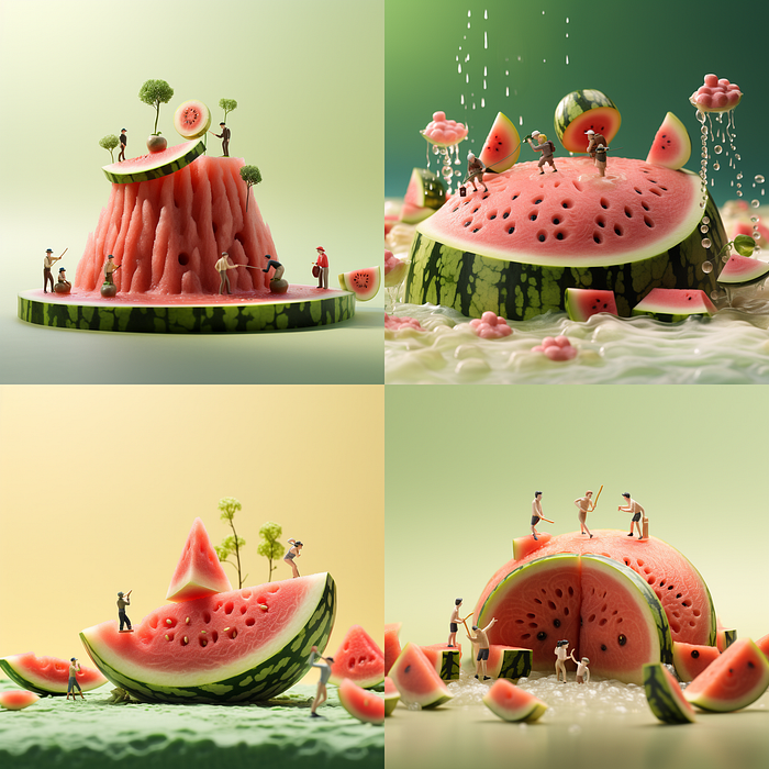 Midjourney Food Photography Prompts, Miniature Scenery of a miniature figurines playing in a small slice of watermelon