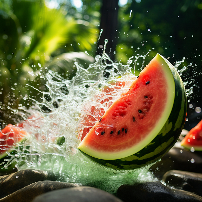 Midjourney food photography, A watermelon dropping, water splashing