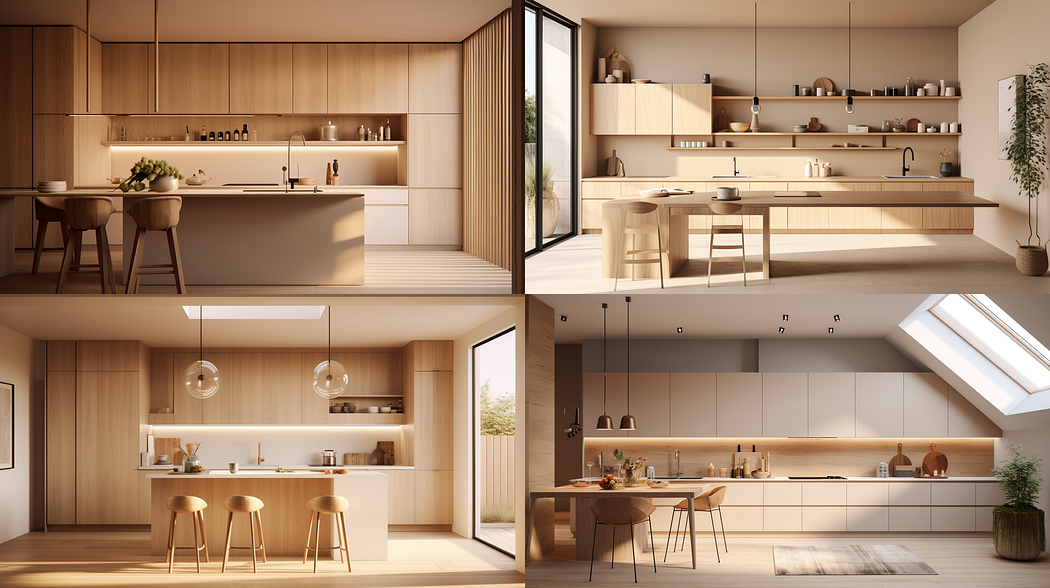 Interior design of a kitchen, minimal style,, created with Midjourney