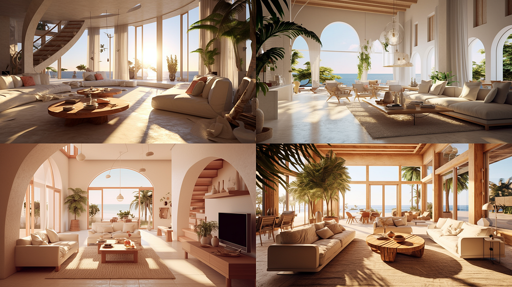 Interior design of a villa, coastal design style, created with Midjourney