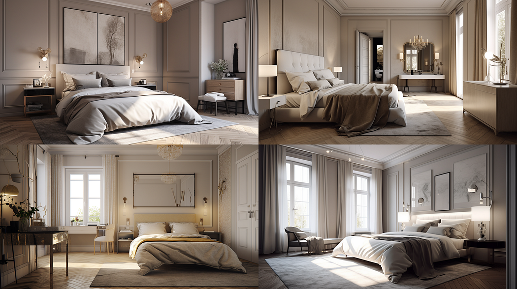 French style interior design of a bedroom, created with Midjourney