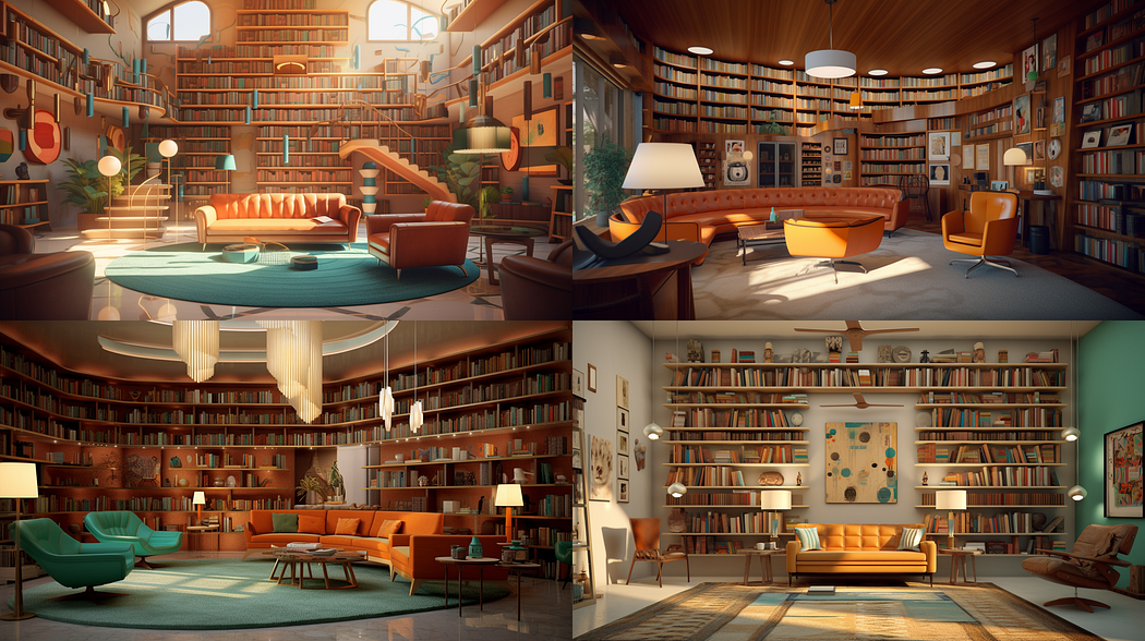 Mid century interior design of a library, created with Midjourney