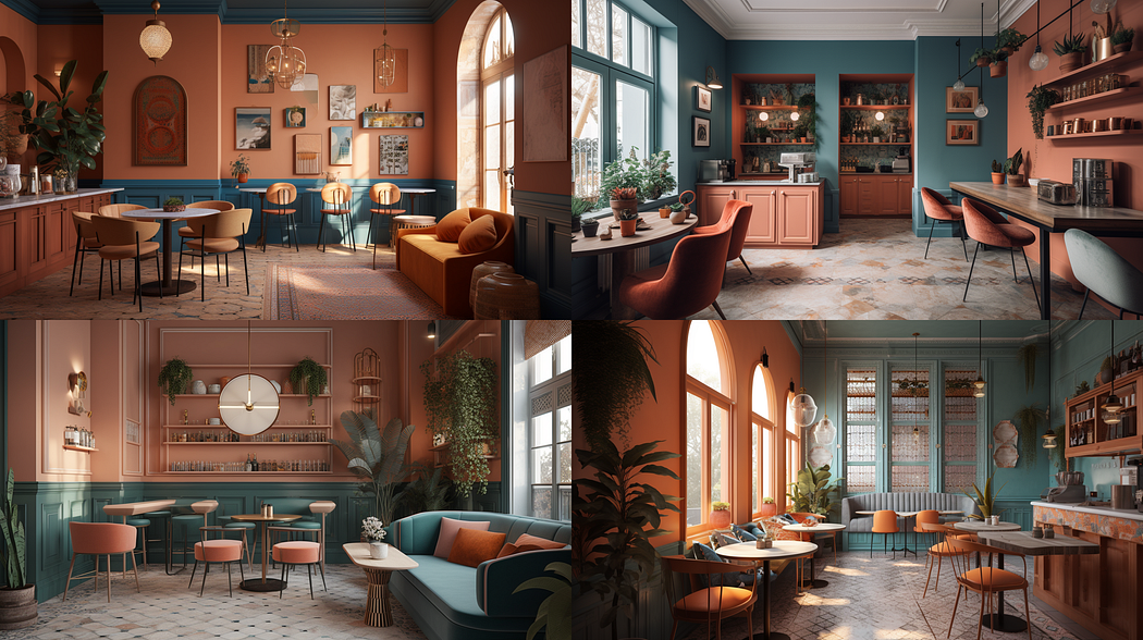 Maximalist interior design of a coffee shop, created with Midjourney