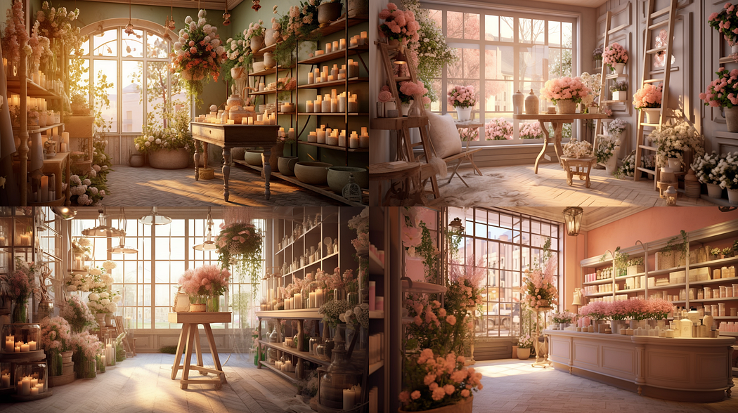 Interior design of a florist shop, shabby chic, created with Midjourney