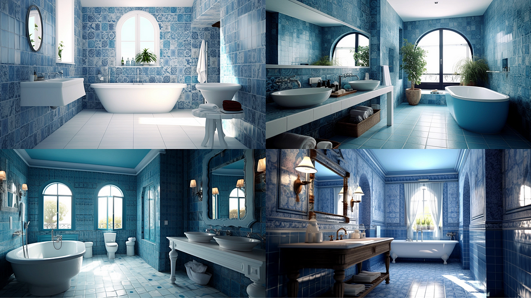 Interior design of a bathroom, with Portuguese blue tiles wall, created with Midjourney