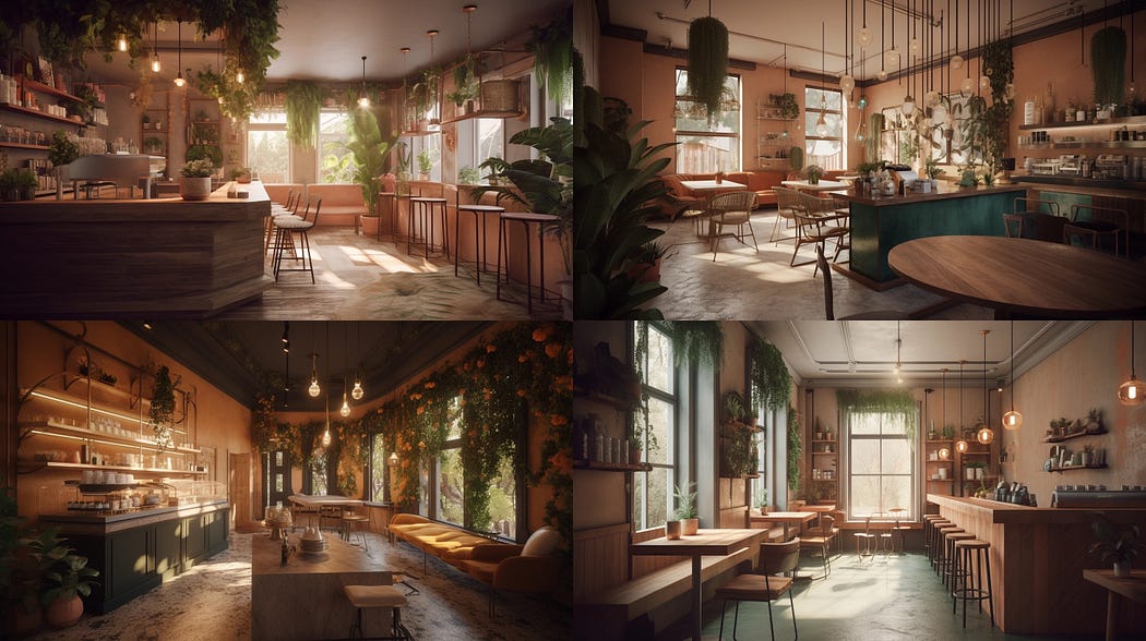 Interior design of a coffee shop, designed by Justina Blakeney, created with Midjourney