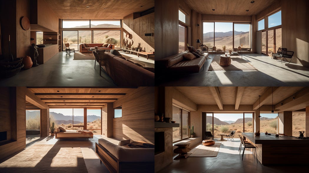 nterior view of a bold rammed earth and oak mid century modern house, designed by Vincent Van Duysen, created with Midjourney