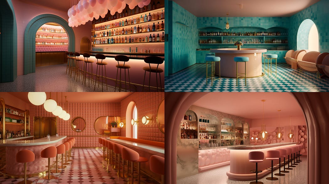 The most Instagrammed bar in the world, designed by India Mahdavi, vivid ceramics, created with Midjourney