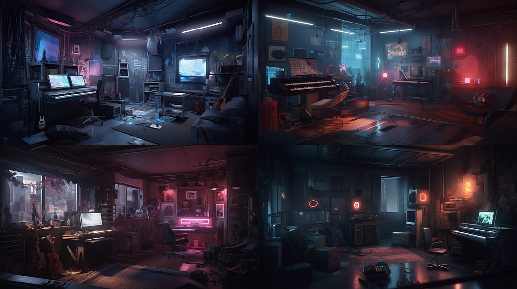 Interior design of a music studio room, cyberpunk, created with Midjourney