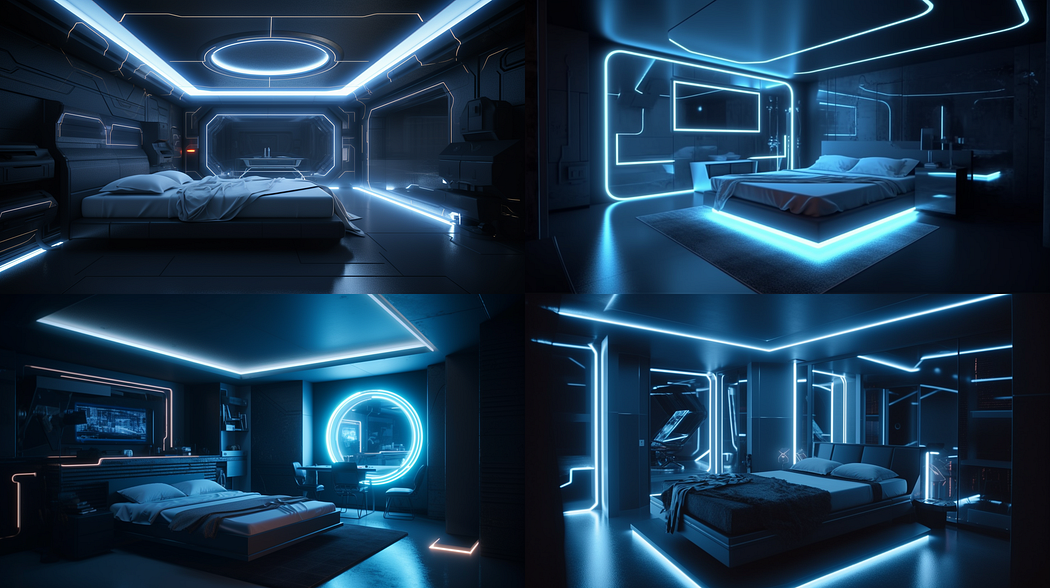 Interior design of a bedroom, futuristic, created with Midjourney