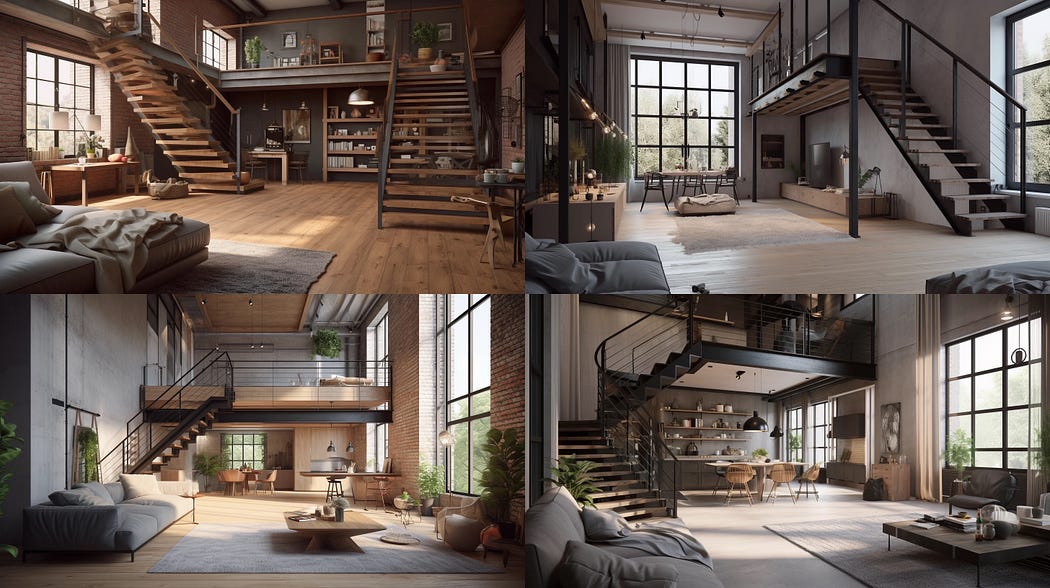 Loft style apartment design style, created with Midjourney v5