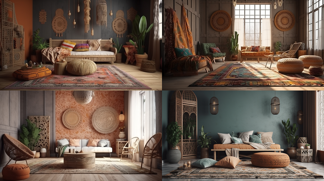 Boho interior design style of a living room , created with Midjourney v5
