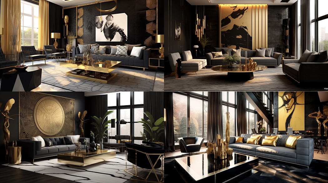 a living room, contemporary, black and gold, created with Midjourney