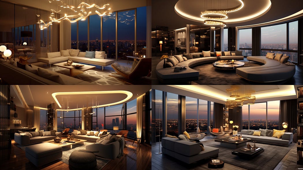 Urban Modern interior design of a penthouse, created with Midjourney v5