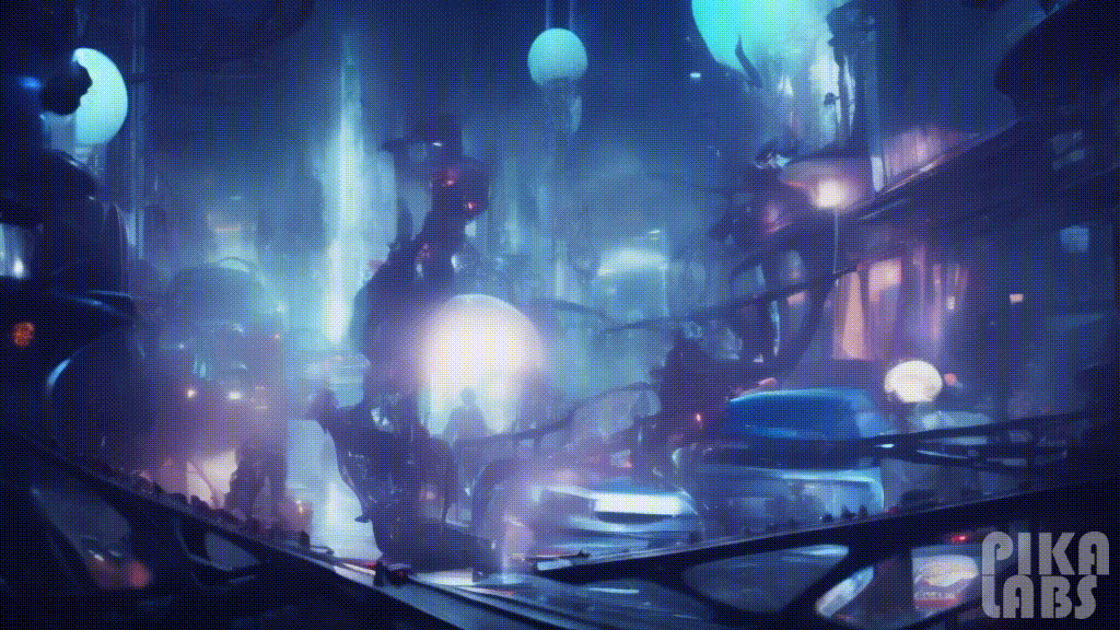 PikaLabs video, people and cars moving around futuristic city