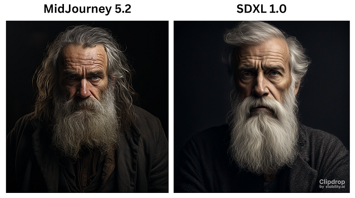 midjourney v5.2 vs sdxl v1.0. Prompt: Photo of a brooding serious bearded old