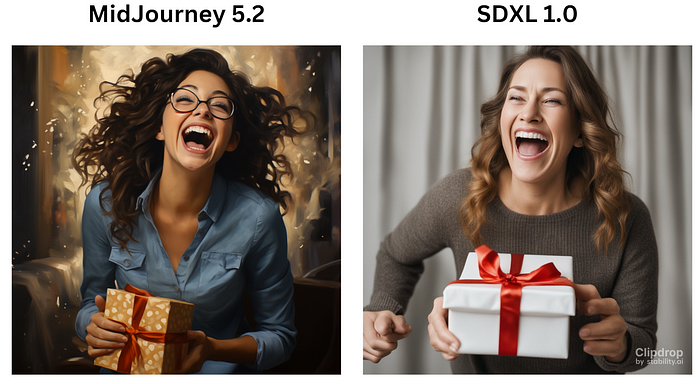 midjourney v5.2 vs sdxl v1.0. Prompt: A portrait of a woman experiencing surprise and joy upon receiving a gift