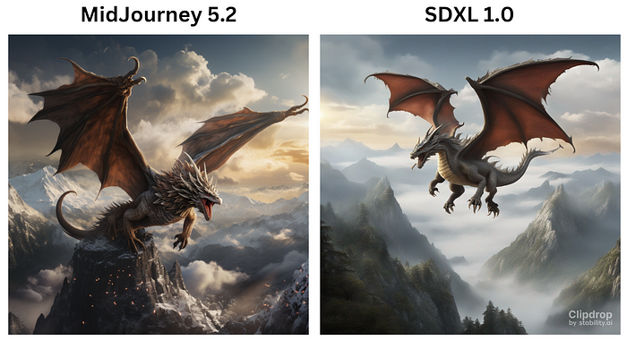 midjourney v5.2 vs sdxl v1.0. Prompt: A majestic dragon soaring over misty mountains