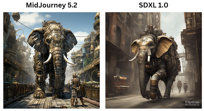 midjourney v5.2 vs sdxl v1.0. Prompt: A steampunk-themed elephant walking through an old industrial city