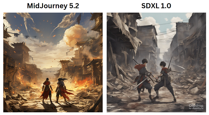 midjourney v5.2 vs sdxl v1.0. Prompt: A scene from a shōnen anime, showing an epic battle between two young warriors in a destroyed city