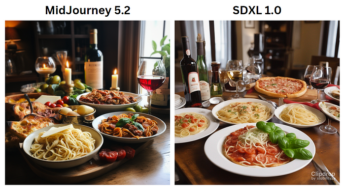 midjourney v5.2 vs sdxl v1.0. Prompt: An appetizing spread of a traditional Italian dinner, including a Margherita pizza, spaghetti carbonara, bruschetta, and a bottle of Chianti