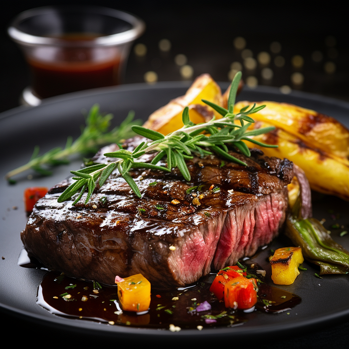 Midjourney Prompt for Food Photography, Commercial Photography, sizzling steak, with grill marks, adorned with fresh herbs and colorful vegetables