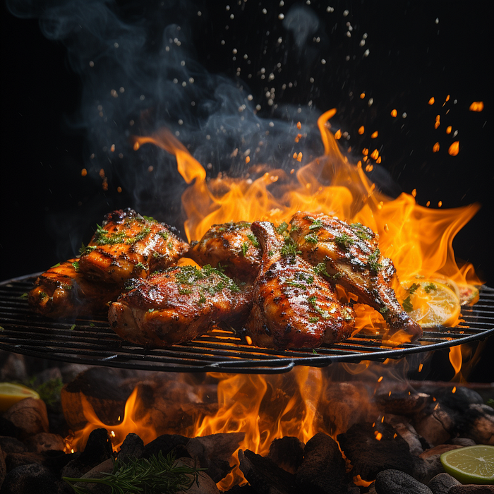 Midjourney Best Food Photography Prompts, Grilled chicken stew with flames and sparks