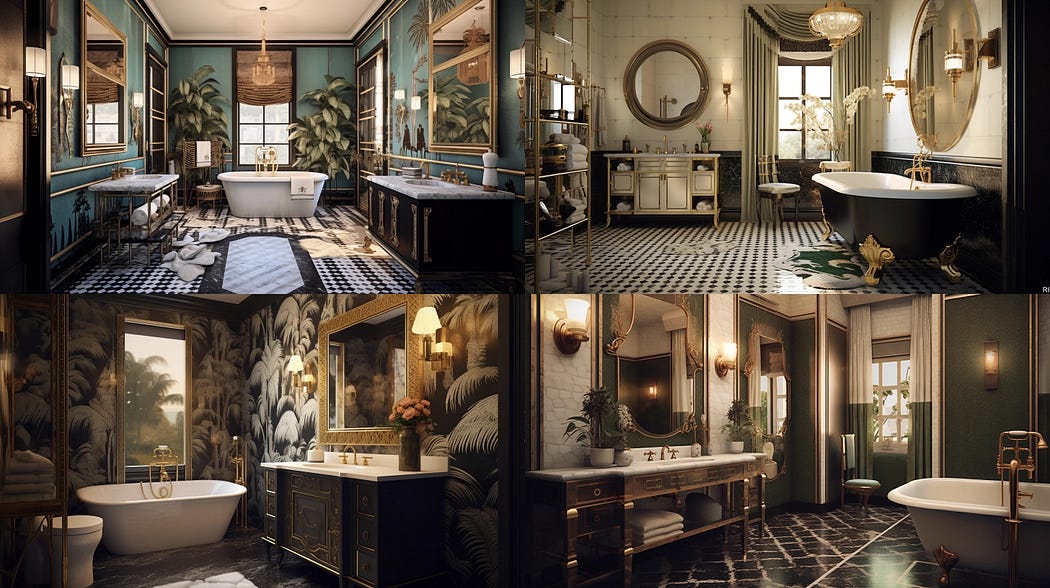 Interior design of a bathroom, Hollywood regency, created with Midjourney