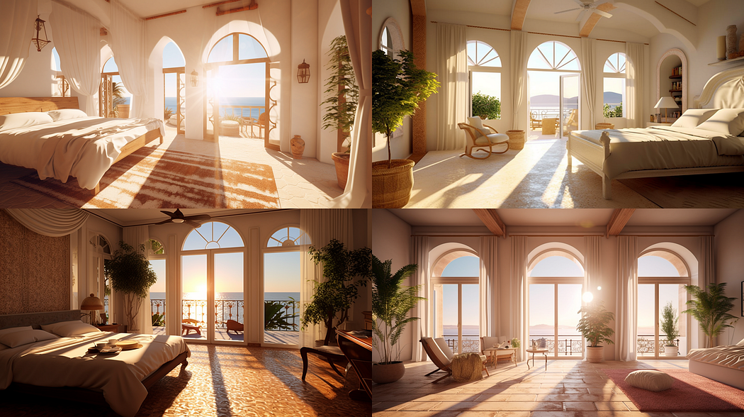 Interior design of a hotel villa room, Mediterranean style, created with Midjourney