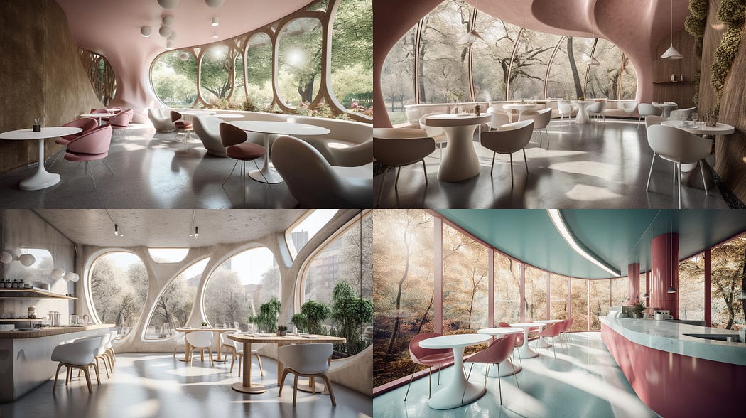 Interior design of a cafe, designed by karim rashid, concrete and glass facade, outdoor forest, created with Midjourney v5