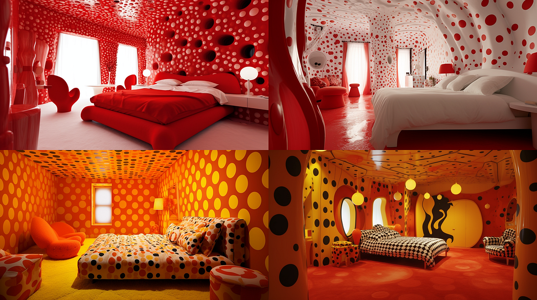 Interior design of a bedroom, by Yayoi Kusama, created with Midjourney