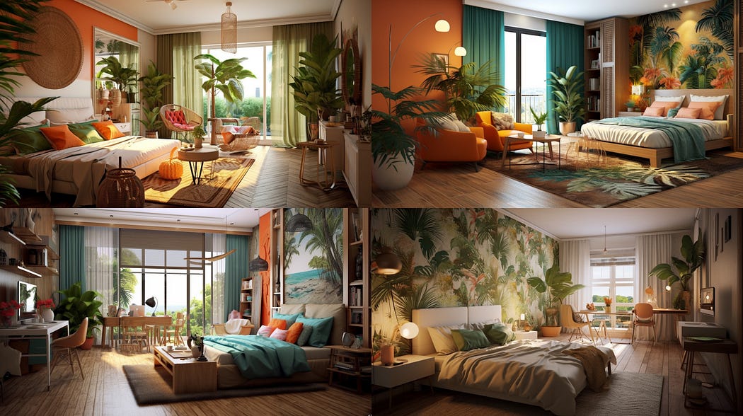 tropical style living room, created with Midjourney