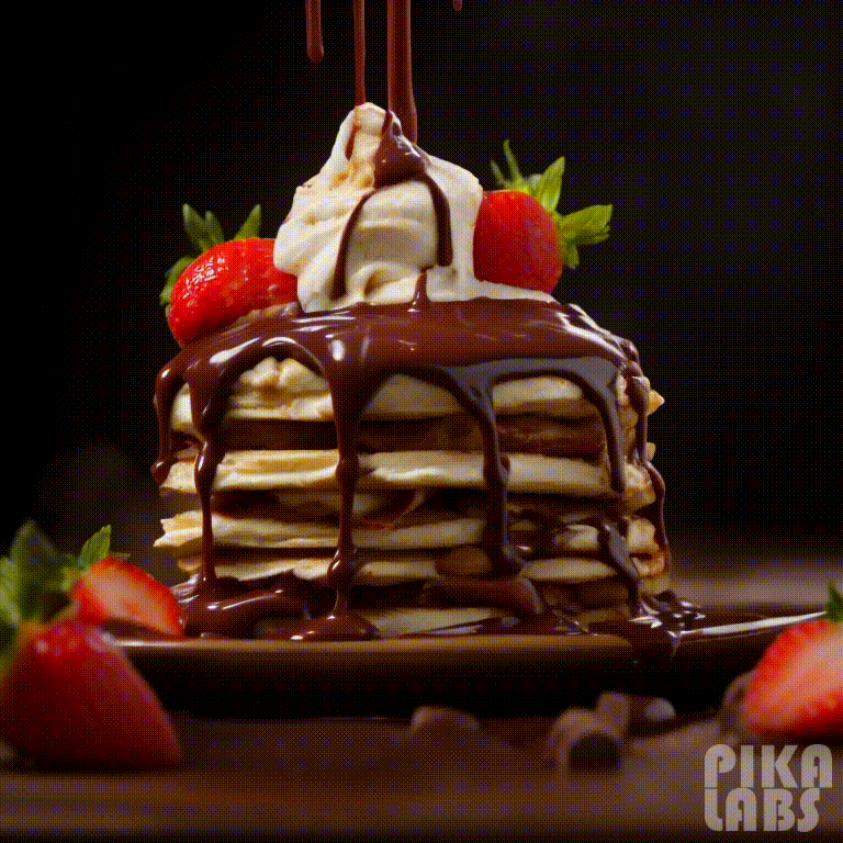 Turn Midjourney images to amazing video with PikaLabs, chocolate suace dripping down the pancake