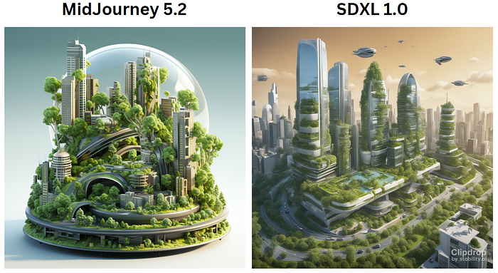 midjourney v5.2 vs sdxl v1.0. Prompt: A 3D isometric render of a futuristic, eco-friendly city skyline, with skyscrapers covered in greenery and flying cars