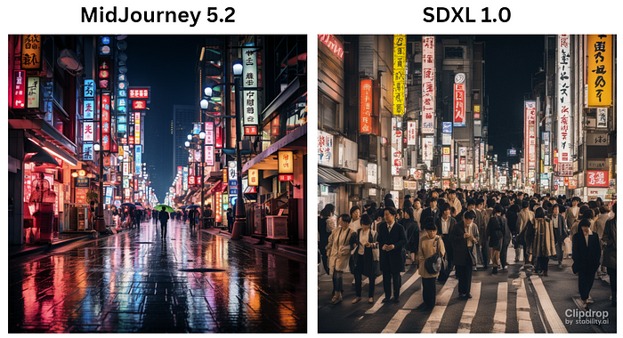 midjourney v5.2 vs sdxl v1.0. Prompt: A bustling night scene in Tokyo with bright neon signs and busy pedestrians