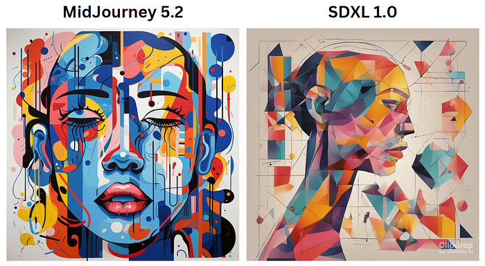 midjourney v5.2 vs sdxl v1.0. Prompt: An abstract illustration representing the complexity of human emotions using geometric shapes and a vibrant color palette